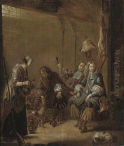 Huntsmen Being Served Wine By A Girl In An Interior