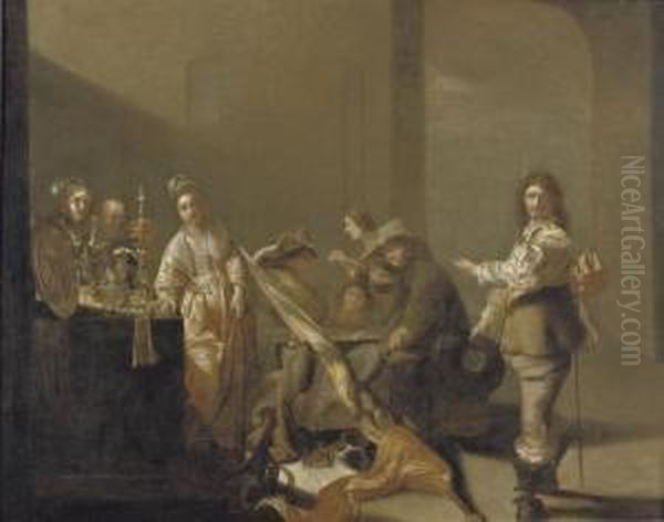 A Guardroom Interior With
Soldiers Gambling And Courtesans Standing By A Table With Silverware - view 1