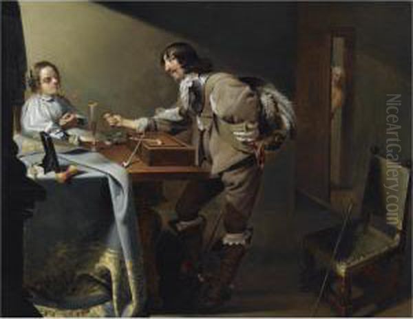 An Interior Scene With A 
Cavalier Offering A Flower To A Lady, While Making An Obscene Gesture - view 1