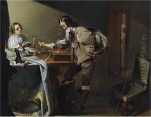 An Interior Scene With A 
Cavalier Offering A Flower To A Lady, While Making An Obscene Gesture