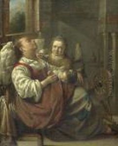 Schlafende Frau Mit Zwei Kindern.