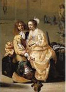 A Guardroom Interior With A Cavalier Holding A Coin, A Courtesan Sitting On His Knee
