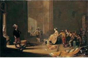 A Palatial Guardroom Interior With Soldiers And Courtesans Conversing