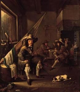 An Ensign Seated By A Barrel In A
 Guardroom, Officers Playing Atcards By A Chimney Beyond