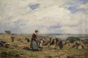 Hay Harvest On The Banks Of A Lagoon Area by Eugene Gustav Ducker