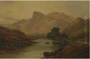 Scene From The Scottish Highlands Featuring Sheep And A River by Jack Ducker