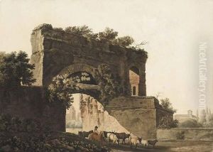 Berger A Cheval Et Troupeau Passant Sous Une Arche Romaine. by Abraham Louis R. Ducros