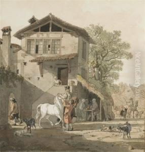 Deux Cavaliers Avec Leurs Chevaux Pres D'une Auberge Animee Depersonnages Et D'animaux Deux Cavaliers Avec Leurs Chevaux Pres D'une Auberge Animee Depersonnages Et D'animaux