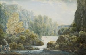 View Of Civita Castellana, Figures Crossing A River And A Donkey Inthe Foreground