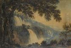 A Group Of Travellers By The 
Falls Of Tivoli; And Peasants Resting With The Temple Of The Sybil Of 
Tivoli In The Background by Abraham Louis R. Ducros