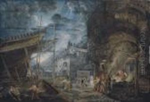The Dockyard Of A Mediterranean Port At Dusk by Abraham Louis R. Ducros