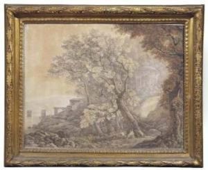 Due Figure In Un Bosco Nei Pressi Di Un Lago E Tempietto by Abraham Louis R. Ducros