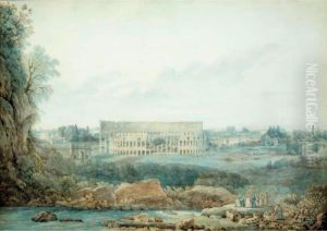 A Distant View Of The Colosseum
And The Arch Of Constantine, Pope Pius Vi And Various Clerics Examining
Plans In The Foreground by Abraham Louis R. Ducros