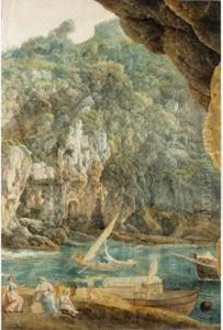 A Rocky Landscape With Figures By A River And Boats by Abraham Louis R. Ducros