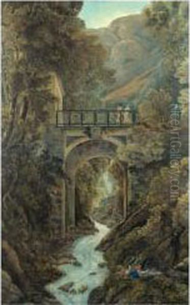 Personnages Sur Un Pont Contemplant Un Torrent - view 1