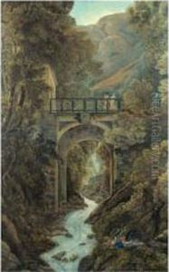 Personnages Sur Un Pont Contemplant Un Torrent by Abraham Louis R. Ducros