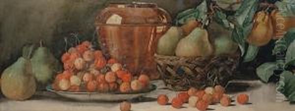 Still Life Of Cherries, Pears,
Basket And Vase On A Ledge, And Another, Still Life Of Apples, Grapes
And Flask On A Ledge - view 1