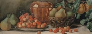 Still Life Of Cherries, Pears, 
Basket And Vase On A Ledge, And Another, Still Life Of Apples, Grapes 
And Flask On A Ledge by Arthur Dudley