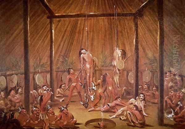The O-Kee-Pa self-torture religious ceremony of the Mandan tribe, from a painting of c.1835 - view 1