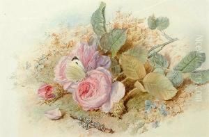 Pink Roses And A Butterfly. by Mary Elizabeth Duffield