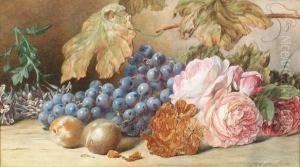 Still Life Of Roses, Grapes And Plums On A Ledge