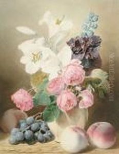 Still Life Of Flowers In A Vase, With Grapes And Peaches On A Wooden Table