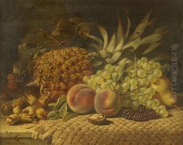 Pineapple, Pears, Plums, Grapes And Hazelnuts With Woven Reed Mat On A Table Top - view 1