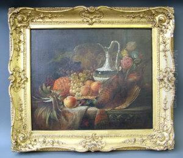 Still Life Of A Dead Pheasant, 
Silver Flagon, Peaches, Grapes, A Pineapple, Roses And A Salver On An 
Ornamental Ledge - view 1