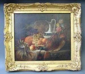Still Life Of A Dead Pheasant,
Silver Flagon, Peaches, Grapes, A Pineapple, Roses And A Salver On An
Ornamental Ledge by William Duffield