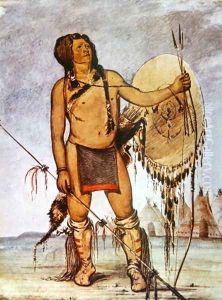 Comanche warrior with a shield, lance and bow and arrows, c.1835 by George Catlin