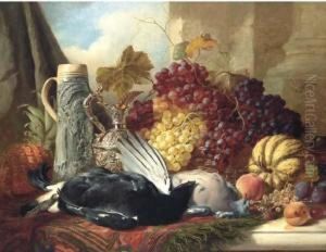 Still Life Of Black Cock, Wood 
Pigeon, A Stein, Silver Gilt Claret Jug And Red Grapes, A Gourd, 
Peaches, Plums, Whitecurrants And Raspberries On A Marble Ledge