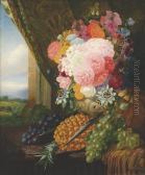 Still Life Paeonies, Passiflora,
Pelargonium, Penstemon, Petunia, Pyracantha, With A Pineapple, Pumpkin
And Grapes To The Side - view 1