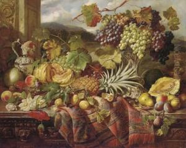 Still Life With Peaches, A Pomegranate, Grapes In A Tazza, A Pineapple, An Orange, Plums And Pears, Amongst Roses, Poppies And Vines On A Carved Oak Chest, Draped With A Rug, A Landscape Beyond by William Duffield
