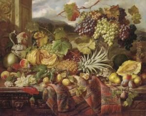 Still Life With Peaches, A 
Pomegranate, Grapes In A Tazza, A Pineapple, An Orange, Plums And Pears,
 Amongst Roses, Poppies And Vines On A Carved Oak Chest, Draped With A 
Rug, A Landscape Beyond