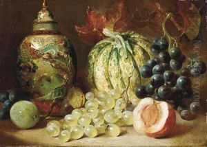 Grapes, A Gourd, A Peach And A Chinese Vase On A Table