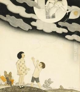 Two Children Looking Up At Their
 Lost Kite As An Old Man Reaches From The Moon To Grab It