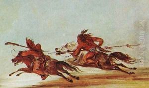 War on the plains. Comanche (right) trying to lance Osage warrior by George Catlin