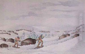 Hunting buffalo on snow-shoes by George Catlin