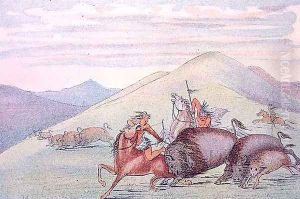 Buffalo bull protecting calf and mother under attack by George Catlin