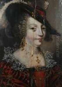 Portrait Of A Lady, Bust Length, In A Red Dress With Lace Collar And Feathered Red Hat by Daniel Dumonstier