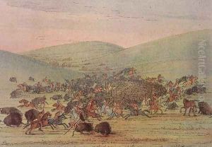 Minatarees attacking buffalo on horseback by George Catlin