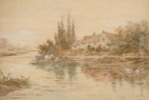 The River Ferry On The Broads With Horse, Figures And Cottages by Walter Duncan