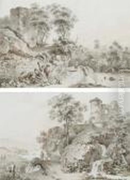 Musiciens Sur Un Chemin Dans Un 
Paysage Rocheux; Et Une Famille Senourissant Au Bord D'un Chemin, Un 
Chateau En Ruines Sur Unpromontoire Rocheux A L'arriere-plan - view 1
