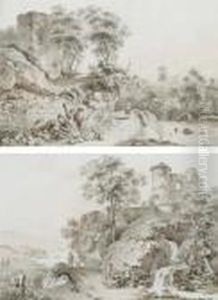 Musiciens Sur Un Chemin Dans Un
Paysage Rocheux; Et Une Famille Senourissant Au Bord D'un Chemin, Un
Chateau En Ruines Sur Unpromontoire Rocheux A L'arriere-plan by Balthasar Anton Dunker