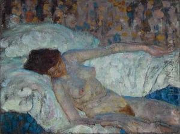 Painting: Reclining Nude Looking Down, Floral Curtain. - view 1