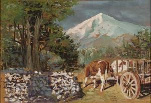 Mountain Landscape With A Cow And Wagon
