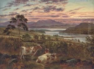 A Red Sky At Night - Loch Fadh Near Rothesay, With Arran In Thedistance by Albert Dunnington