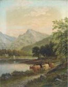 Highland Cattle By A River by Albert Dunnington