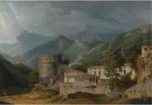 Italian Landscape With A Village At The A Foot Of Mountain Range by Alexandre-Hyacinthe Dunouy