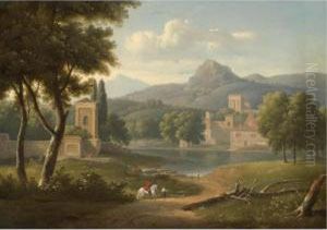 A Classical River Landscape With Travellers On A Path In The Foreground by Alexandre-Hyacinthe Dunouy